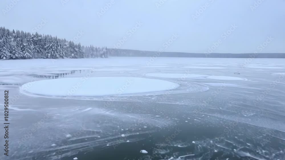 Poster serene winter scene with a frozen lake, snow covered forest, and intricate ice patterns blending col