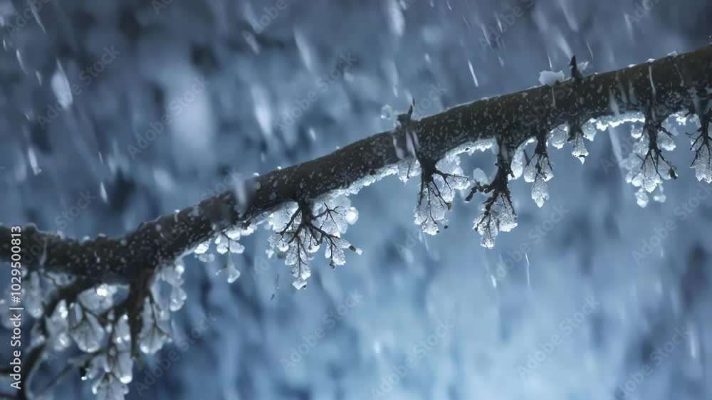 Poster snow covered branch sparkles with delicate ice crystals under gentle snowfall on a chilly winter day