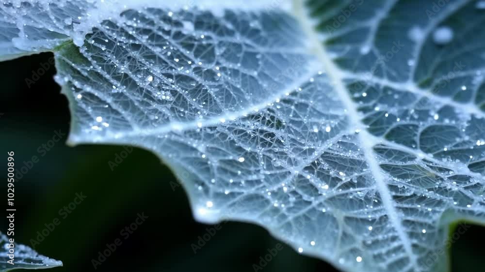 Poster close up of water droplets forming on the surface of a leaf after a rain shower. the light coming th