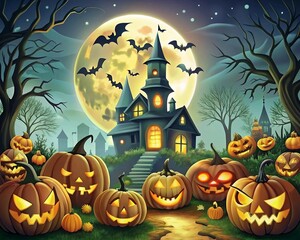Fototapeta premium A spooky Halloween night with glowing pumpkins and a haunted house beneath a full moon and flying bats. Generative AI