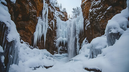 A frozen waterfall surrounded by towering cliffs with icicles forming from the edges and snow blanketing the ground.