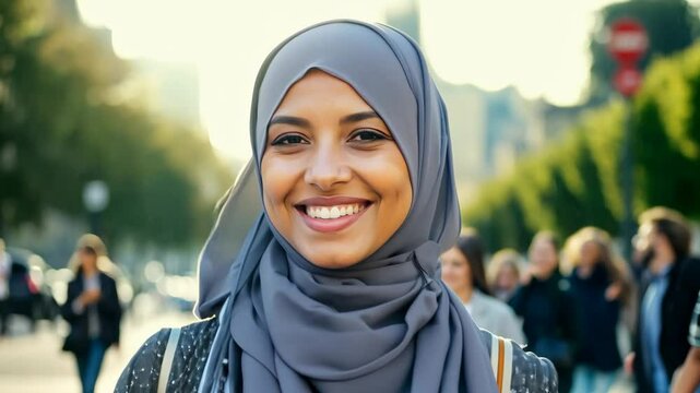 Muslim woman in hijab. A woman wearing a grey scarf is smiling. She is standing on a street with other people. Concept of happiness and warmth