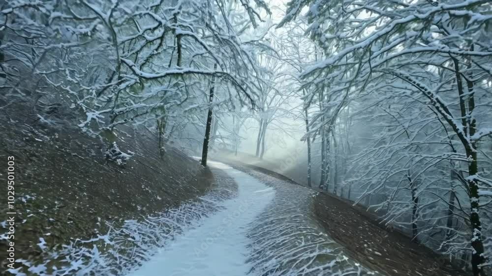 Aufkleber Sunlight filters through trees, casting a warm glow on a snow covered path in a peaceful forest, creating a serene winter wonderland perfect for a peaceful walk in nature
