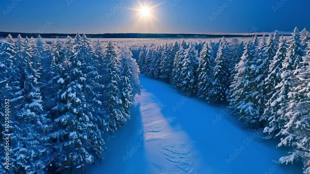 Poster sun is shining over a snow covered path cutting through a dense forest with snow covered evergreen t