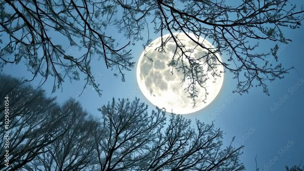 Poster snow covered trees frame a bright full moon on a serene winter night. creating a stunning contrast a