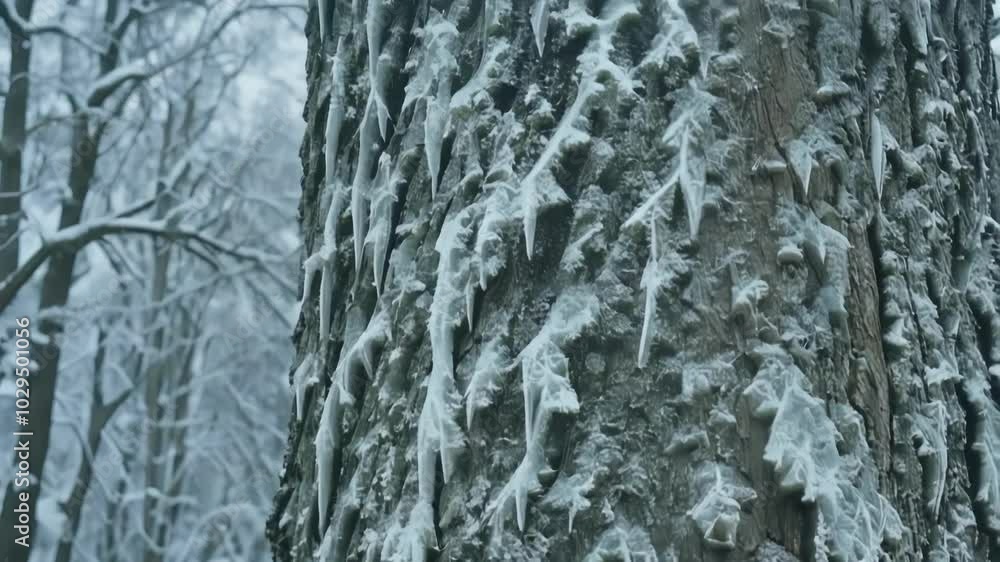 Poster Frozen water forming on a tree trunk creates intricate patterns, adding magic to the snowy forest. Close up view captures winter's essence in blue and white hues, evoking tranquility and wonder