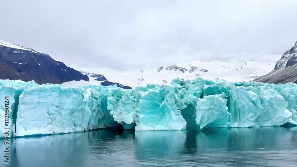 Poster turquoise iceberg floating in ocean water with snowy mountains in the background, creating a beautif