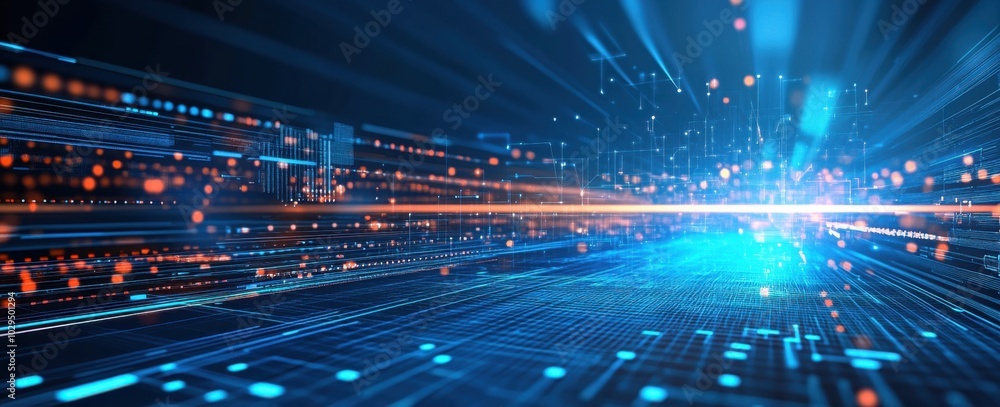 Poster blue background with digital technology and geometric shapes data connection concept banner template
