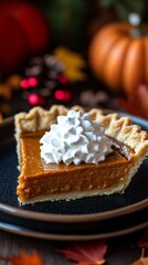 A slice of pumpkin pie with whipped cream.