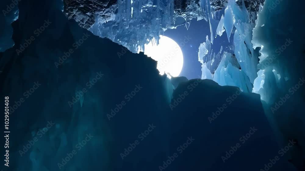 Poster sunlight shines through a hole in the ceiling of an ice cave, casting a blue glow on icy walls, crea