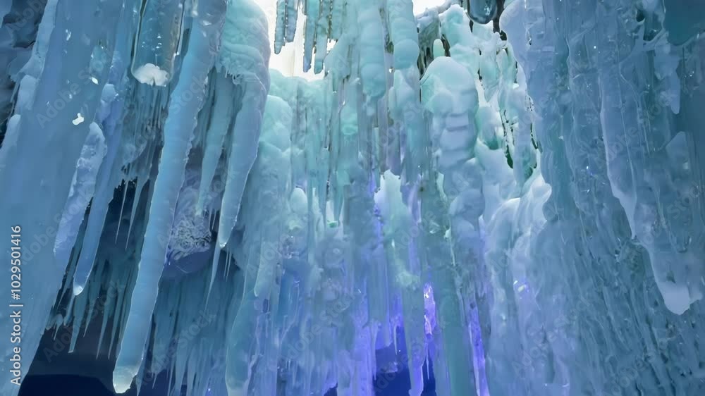 Poster icicles of various lengths and shapes hang gracefully from the ceiling, creating a mesmerizing winte
