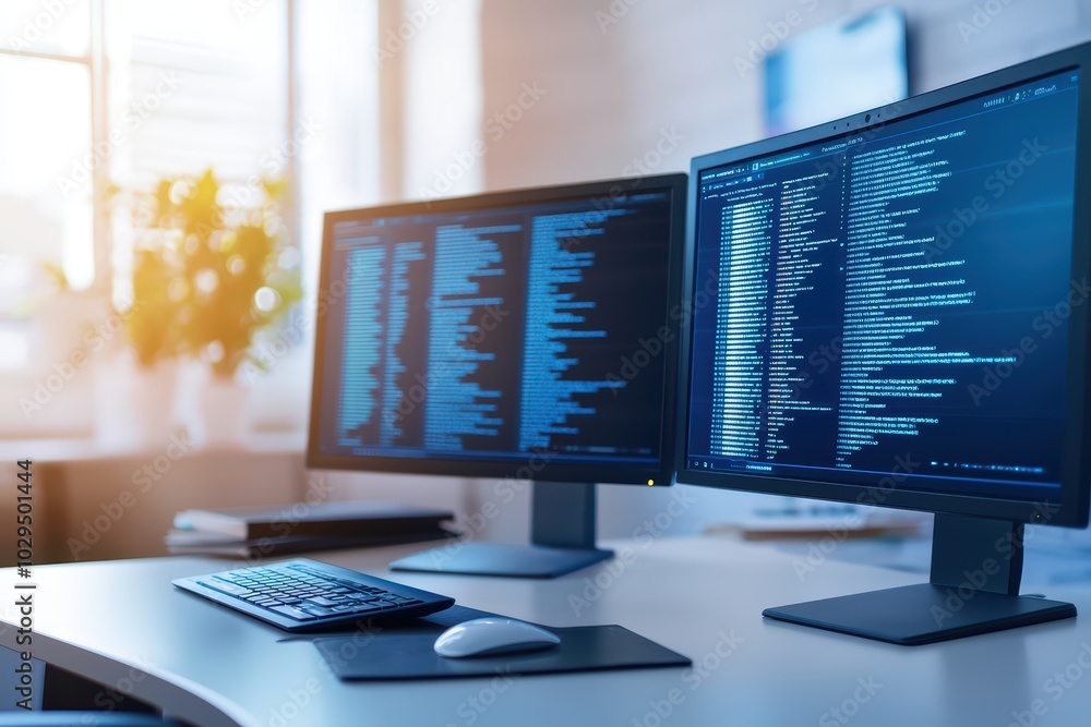 Poster dual monitors displaying code in a modern office setting with a calculator on a desk and natural lig