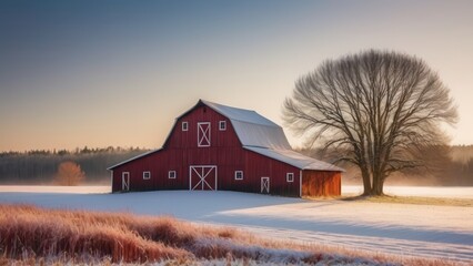 A beautiful rural winter scene featuring a red barn covered in snow. The sun shines through a tree, lighting up the frosty landscape and creating a nostalgic countryside feeling