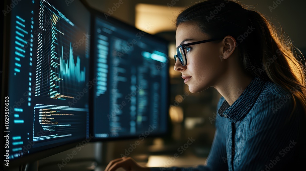 Poster focused individual analyzing data on dual monitors in a modern workspace, indicating concentration a