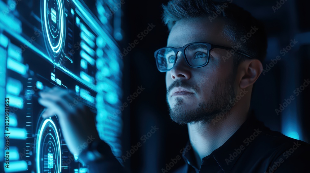 Poster focused man using futuristic technology with visual displays and data screens in a modern environmen