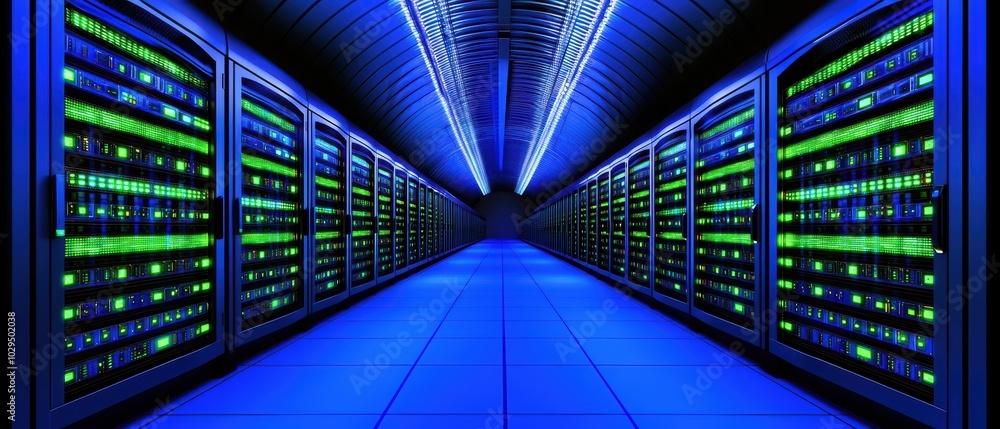 Poster futuristic data center with rows of servers illuminated in blue and green lights, creating a high-te