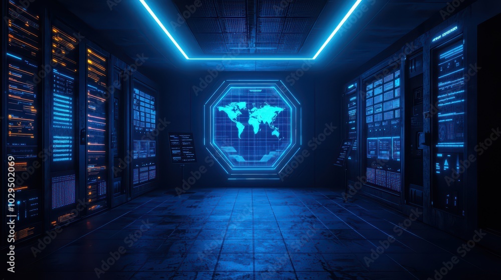 Poster futuristic data center with blue neon lights and a world map display on the wall.