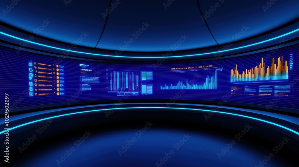 Poster futuristic data visualization room with glowing screens displaying analytics and graphs, blue neon a