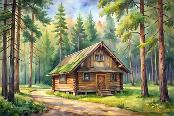 Fototapeta premium watercolor painting of a silhouette wooden house in the forest