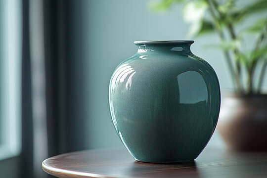A beautiful close-up of a sleek vase in transformative teal on a sunlit shelf