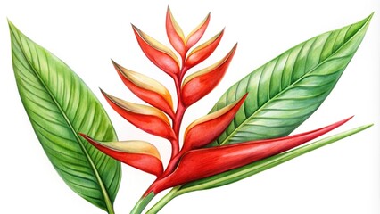 watercolor painting of red heliconia flower branch with green leaf