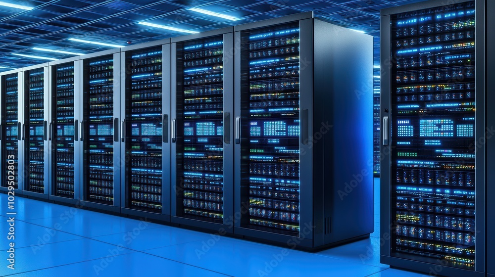 Poster high-tech data center with numerous server racks illuminated by blue lighting.