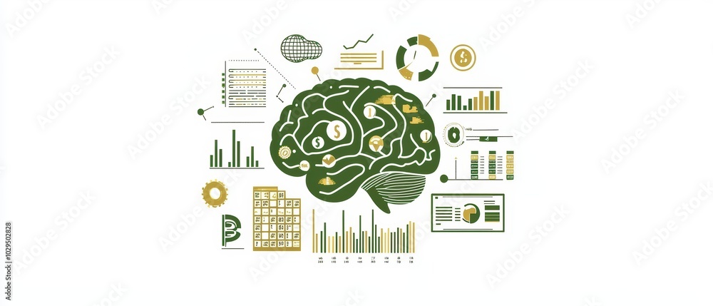 Aufkleber illustration of a brain with business analytics and charts, representing data-driven decision-making