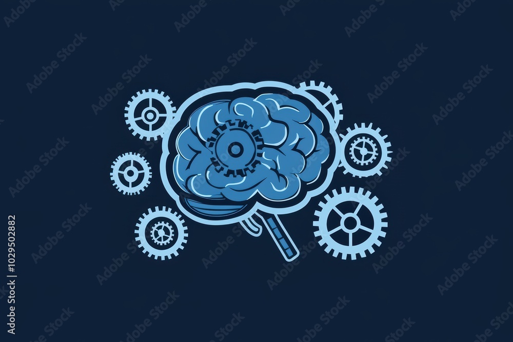 Poster illustration of a brain with gears, symbolizing cognitive processes and technology integration.