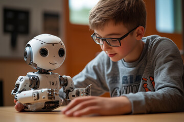Young inventor joyfully interacts with a small robot during an afternoon session