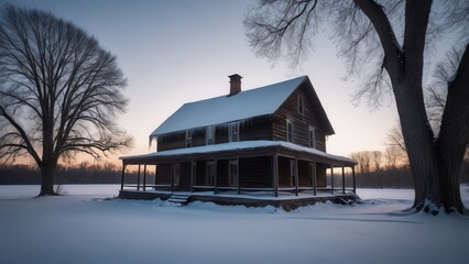 An old rural cabin partially covered in snow, with a wooden porch and two brick chimneys on the snow-covered roof. The warm light of the winter sunset highlights the wood texture, creating a feeling o