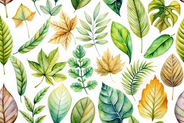 Obraz premium watercolor painting of various leaves in different colors on white background close-up