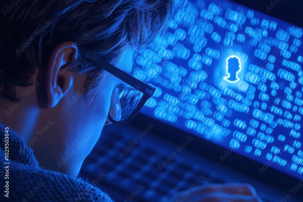 Poster man using laptop with blue binary code, focused on digital profile icon in dark environment.