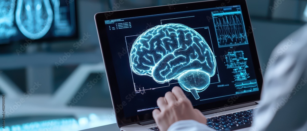 Aufkleber medical professional analyzing brain data on laptop with advanced technology interface in lab.