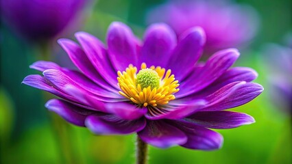 Obraz premium purple flower, yellow stamens, green background, depth of field