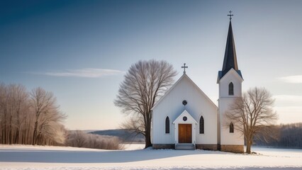 This winter rural landscape features a classic country church with a tall steeple, isolated in the quiet serenity of the snow-covered forest. The dark trees contrast with the bright white of the churc