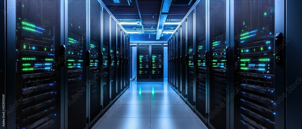 Poster modern data center interior with rows of servers and vibrant led lights in a high-tech environment.