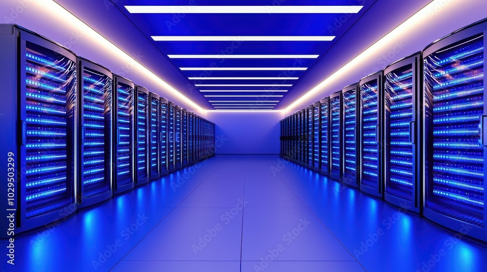 Poster modern data center with rows of servers under blue led lights in a sleek, futuristic environment.