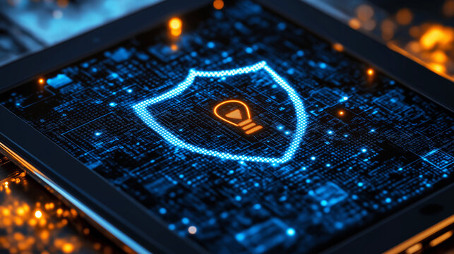 A shield icon on a tablet screen, symbolizing security and encryption in online banking. Copy space on the right
