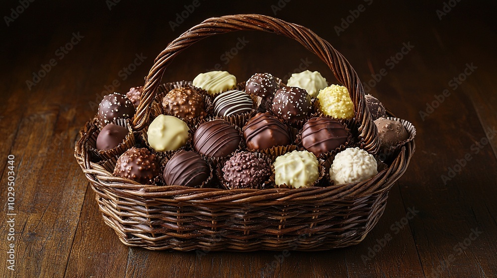 Poster   A wicker basket filled with various chocolates rests atop a wooden table near a wine bottle