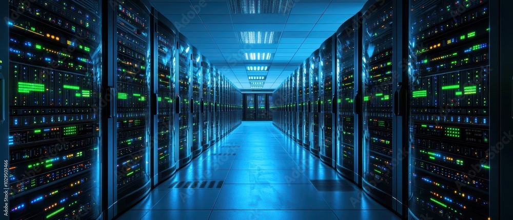 Poster modern server room with rows of illuminated servers and blue lighting, showcasing data storage and c