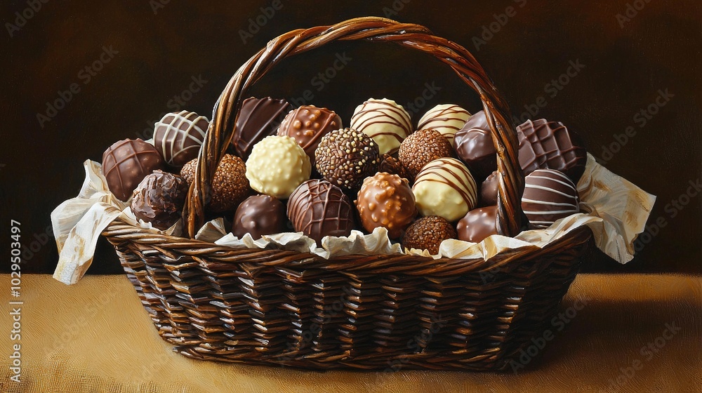 Canvas Prints   A wicker basket filled with chocolates sits on a brown table covered in white cloth