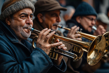 Obraz premium A lively band plays trumpets on an autumn street corner