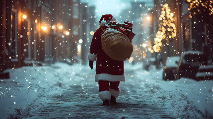 A man dressed as Santa Claus walking through the snow on Christmas Eve carrying a sack of gifts over his shoulder.