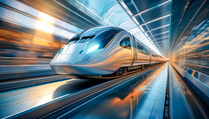 Fototapeta premium High speed magnetic levitation train rushing against the city background