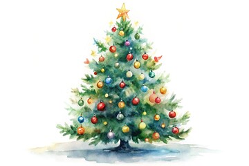 Fototapeta premium watercolour painting of Christmas tree on white background from low angle view
