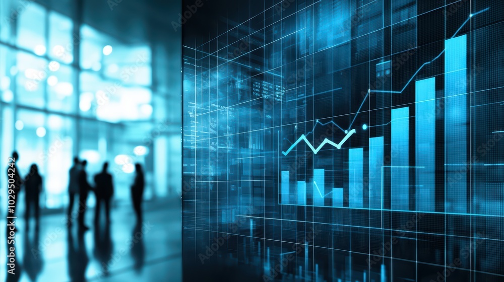 Poster silhouetted figures in an office setting with digital graphs and data visualization showing growth a