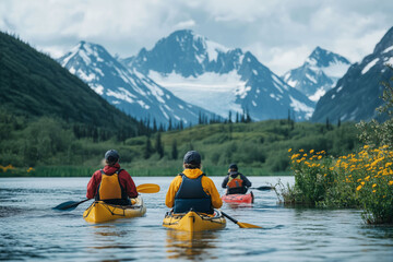 Families enjoying kayaking adventures in tranquil mountains amidst lush greenery