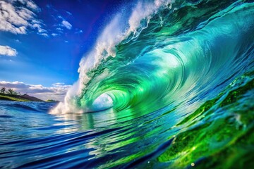 Wave of water with green and blue colors seen from forced perspective