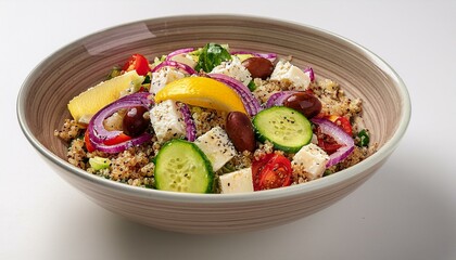 A bowl with cooked quinoa, diced cucumbers, cherry tomatoes, red onions, Kalamata olives, an