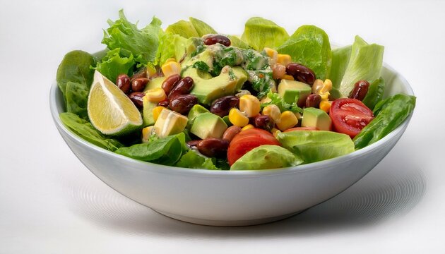 A bowl filled with romaine lettuce, black beans, corn, diced tomatoes, avocado, and a cilant